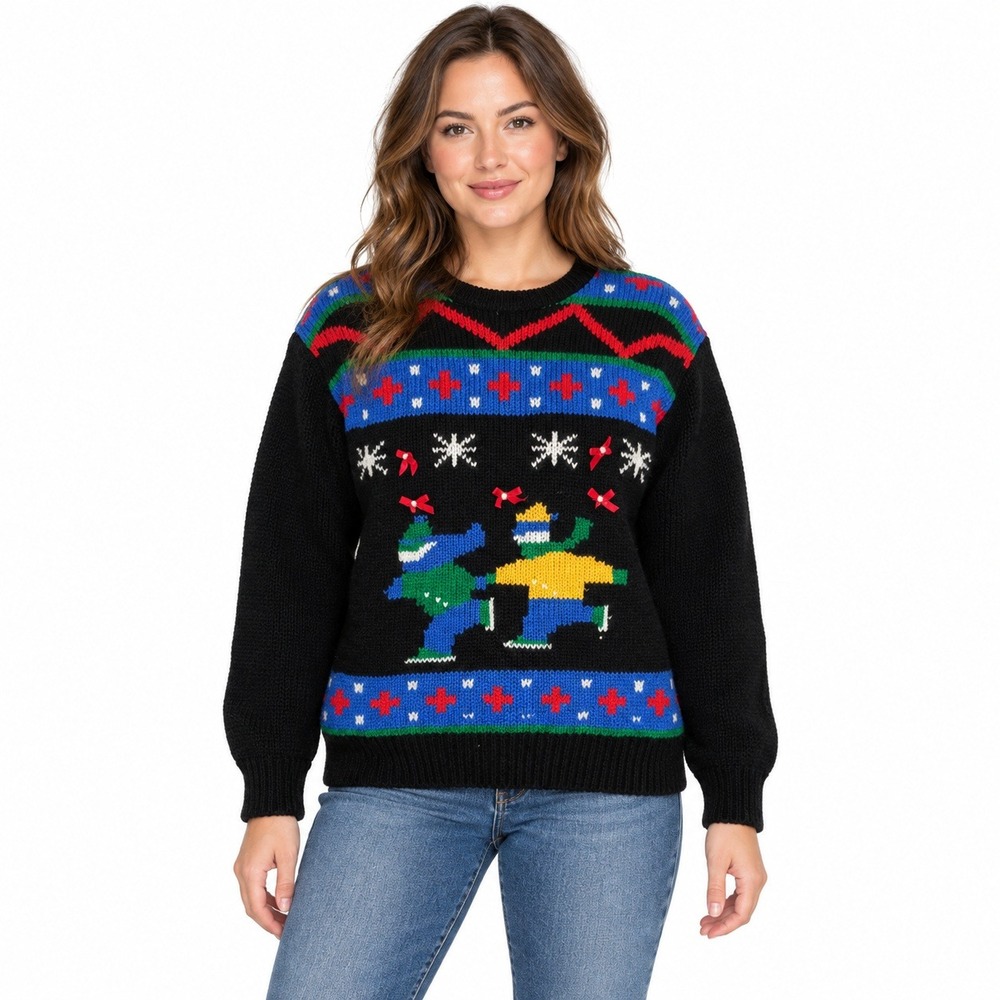 Adell Barre Sweater Women Medium Black Vintage Ice Skating 3D Bows Novelty Knit